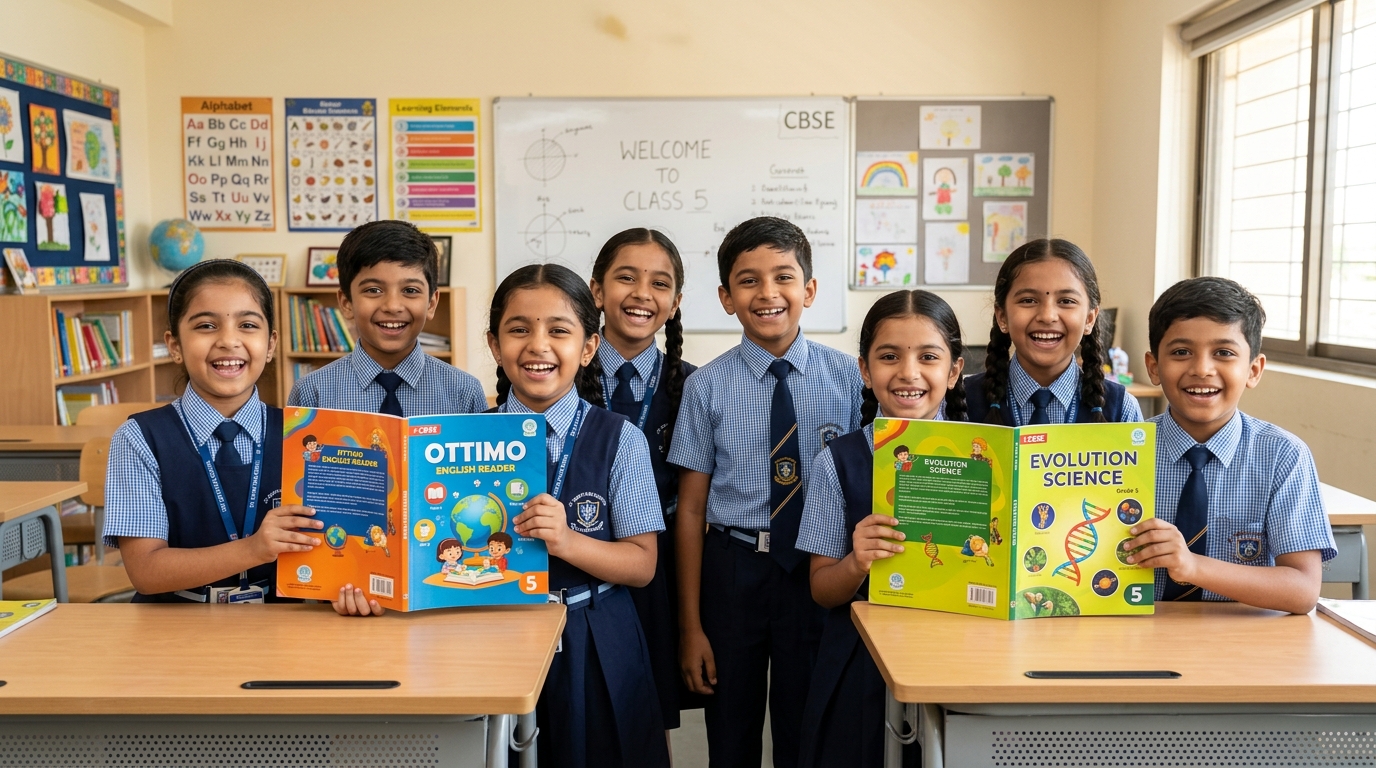 Indian School Children Holding Ottimo English and Science Textbooks